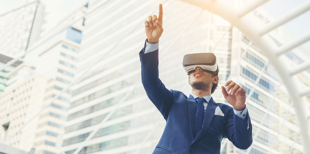 young businessman black suit wearing virtual reality goggles
