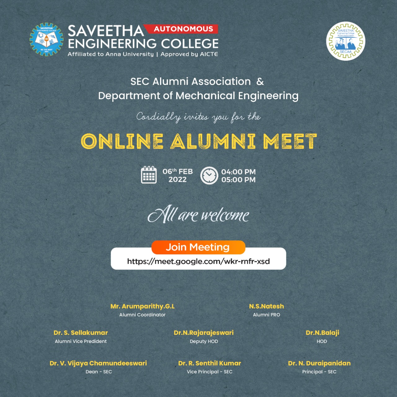 Saveetha Engineering College organizes Online Alumni Meet by Department of Mechanical Engineering